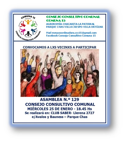Convocatoria a la Asamblea 129 del Consejo Consultivo Comunal de la Comuna 15