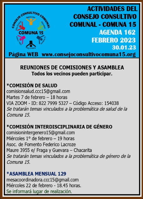 Agenda de febrero del Consejo Consultivo Comunal de la Comuna 15