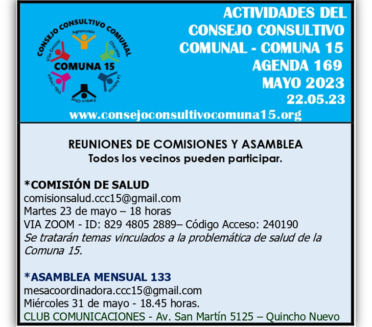 Reunión de la Comisión de Salud y Asamblea Mensual del Consejo Consultivo Comunal de la Comuna 15