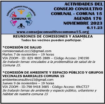 Agenda del Consejo Consultivo Comunal de la Comuna 15- Noviembre 2023
