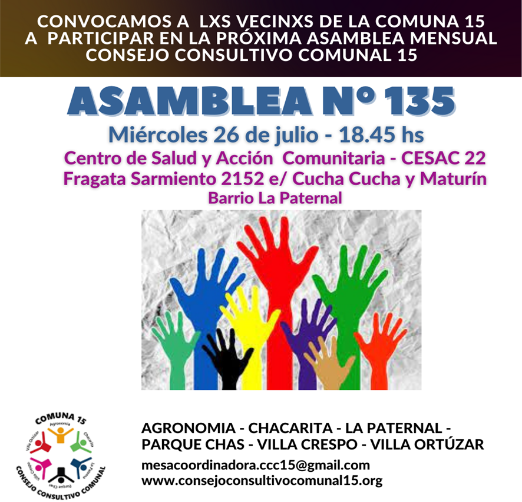 Convocatoria a la asamblea 135 del Consejo Consultivo Comunal de la Comuna 15