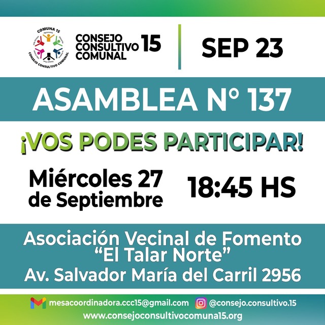 Convocatoria a la Asamblea 137 del Consejo Consultivo Comunal de la Comuna 15