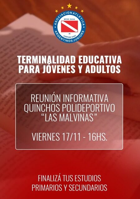 Terminalidad educativa para jóvenes y adultos en el Polideportivo “Las Malvinas”, de Argentinos Juniors