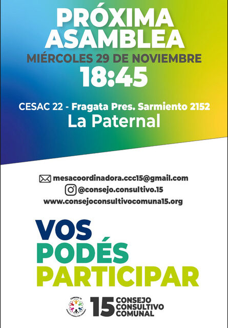Próxima asamblea del Consejo Consultivo Comunal de la Comuna 15
