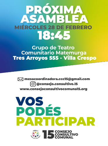 Convocatoria para la asamblea 142 del Consejo Consultivo Comunal de la Comuna 15