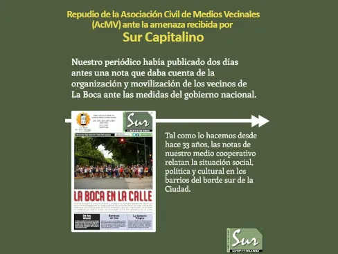 La Asociación Civil de Medios Vecinales expresa su repudio ante la amenaza recibida por Sur Capitalino el 25/01
