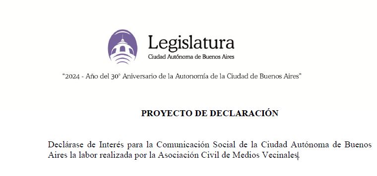 Logro de la Asociación Civil de Medios Vecinales: la Legislatura la declaró de “Interés para la Comunicación Social” porteña